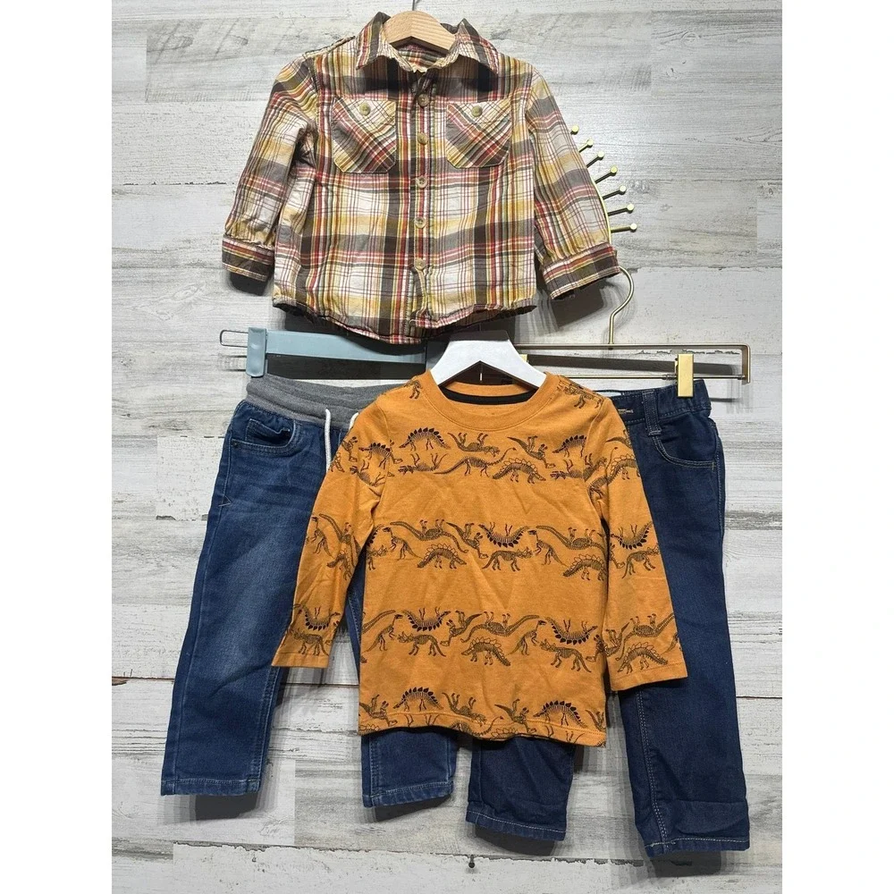 Old Navy Cat & Jack Outfit Lot Boys 2T Multicolor Plaid Dino Denim